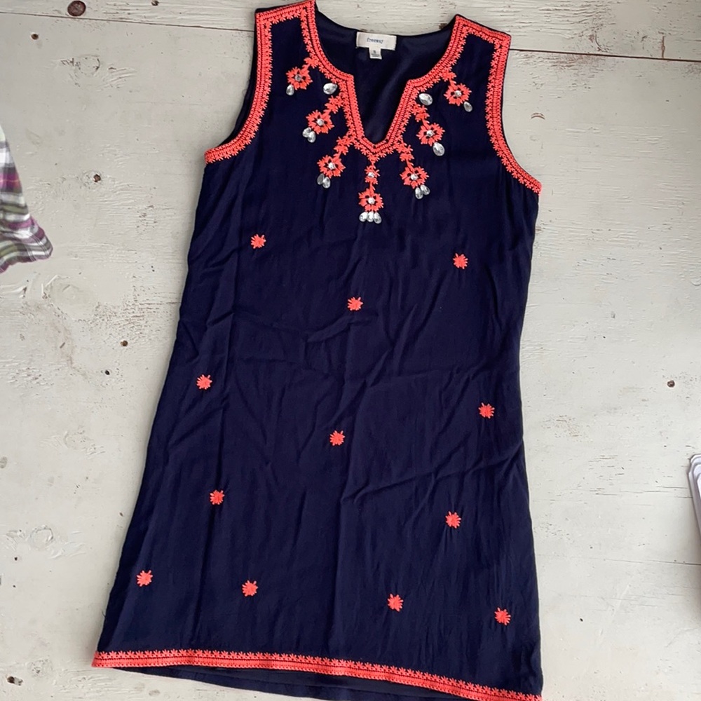 [ Freeway Navy and Coral Sleeveless Minidress  Embroidery and Jeweled Neckline]